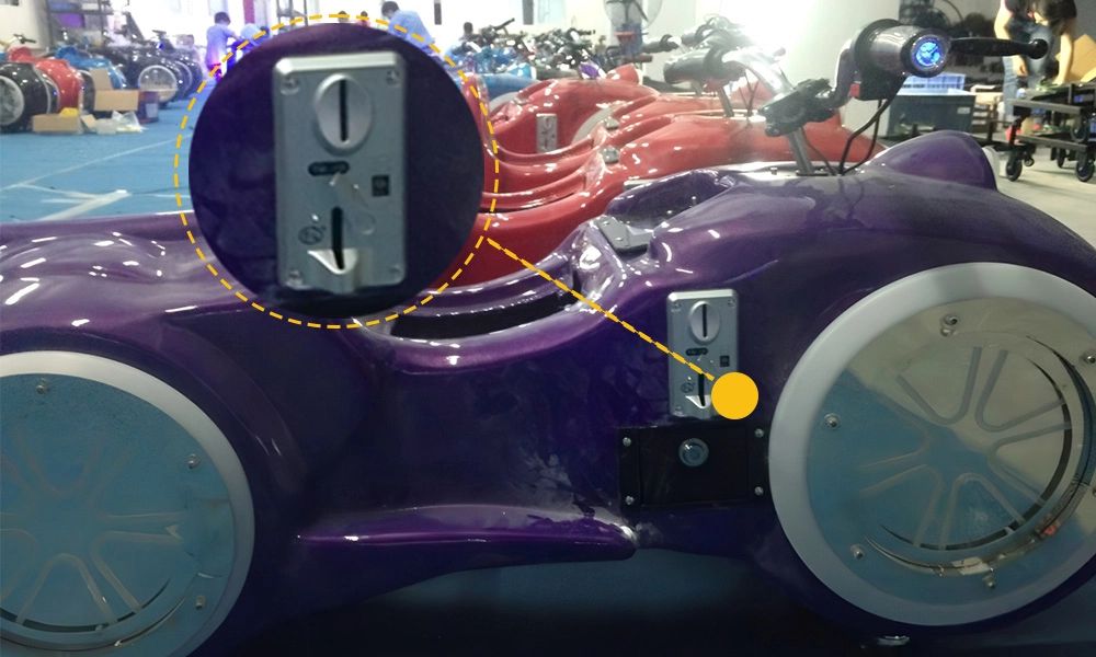 A custom-made amusement motorcycle with a coin-operated mechanism